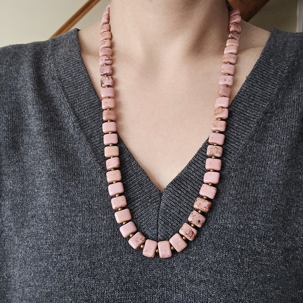 Vintage Peruvian Pink Opal Beaded Boho Bohemian Gemstone Bead Necklace - Picture 9 of 9